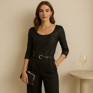 Terra NOSTRA FEMME Black 3/4 Sleeve Textured Pattern Top Size M